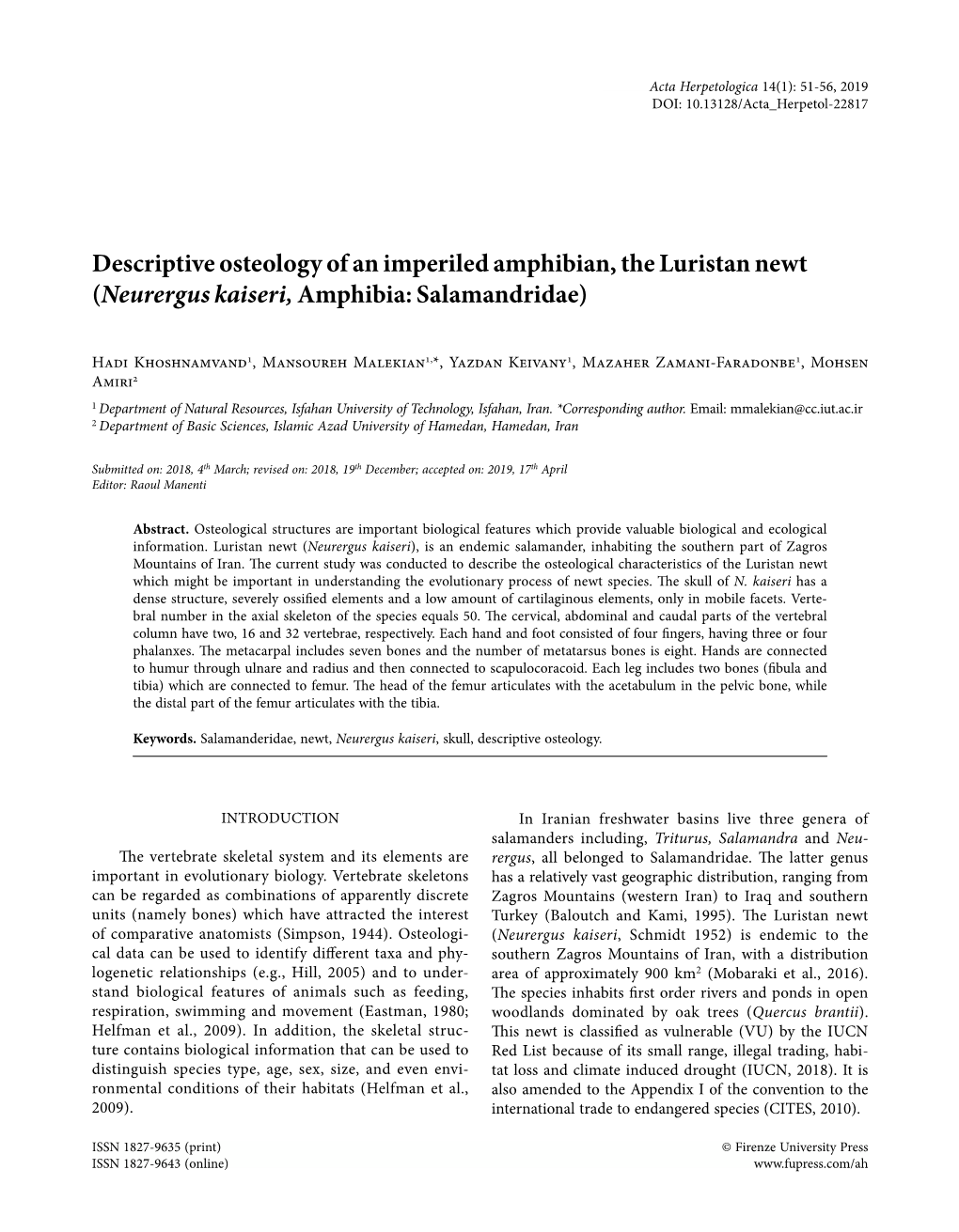 Descriptive Osteology of an Imperiled Amphibian, the Luristan Newt (Neurergus Kaiseri, Amphibia: Salamandridae)