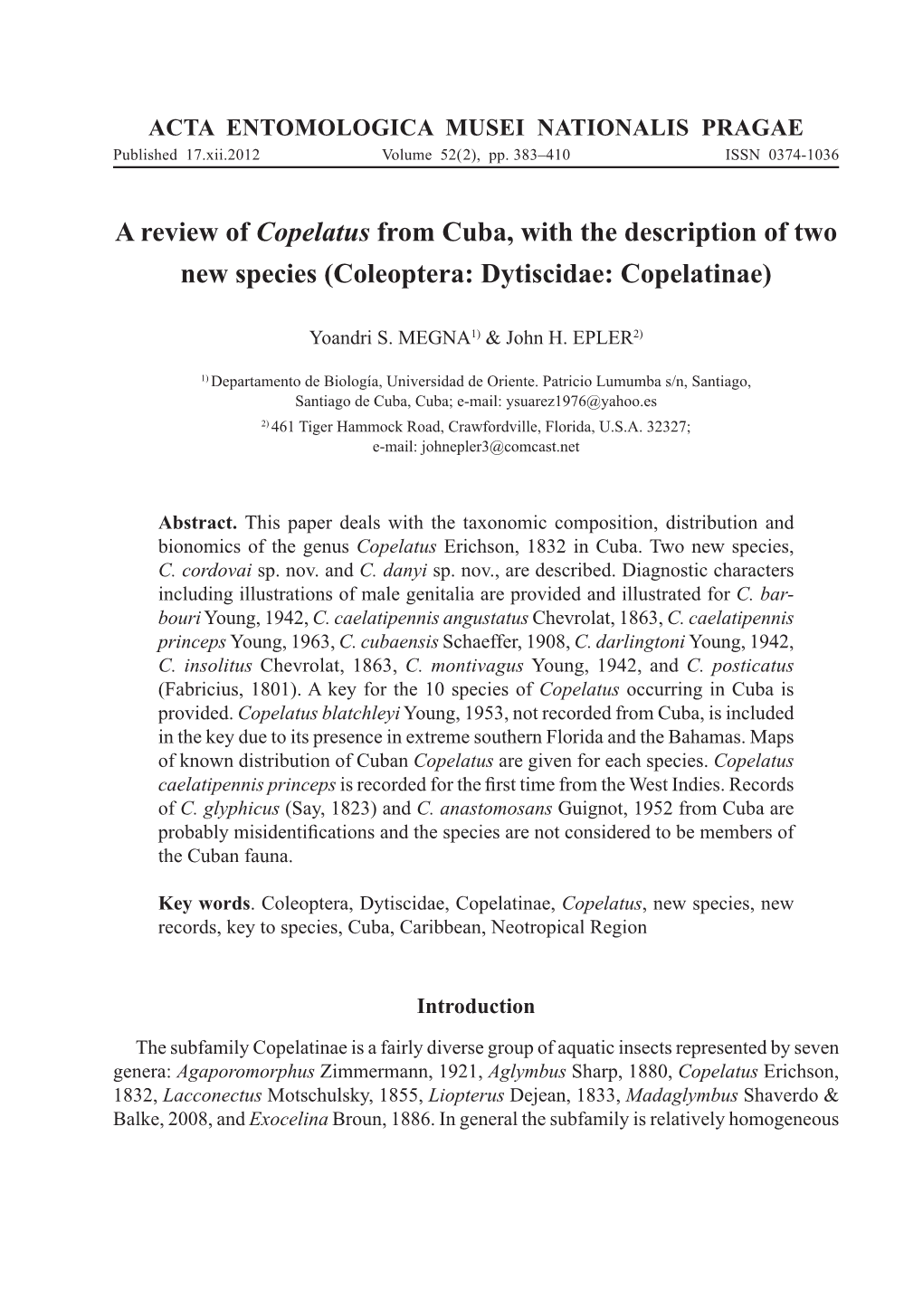 A Review of Copelatus from Cuba, with the Description of Two New Species (Coleoptera: Dytiscidae: Copelatinae)