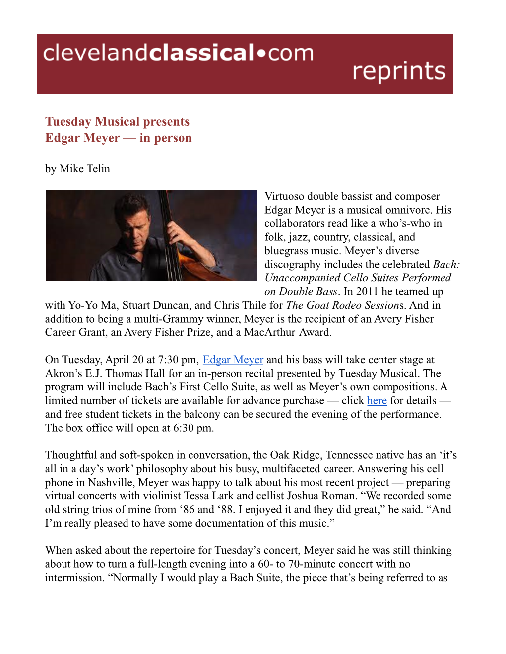 Tuesday Musical Presents Edgar Meyer — in Person by Mike Telin