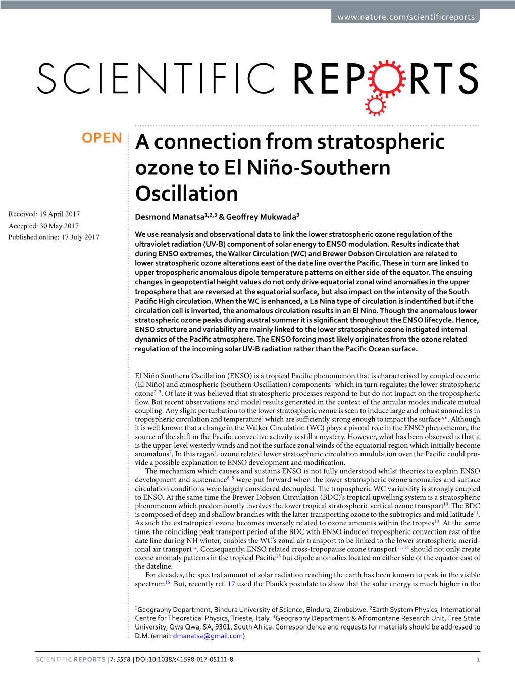 A Connection from Stratospheric Ozone to El Niño-Southern Oscillation