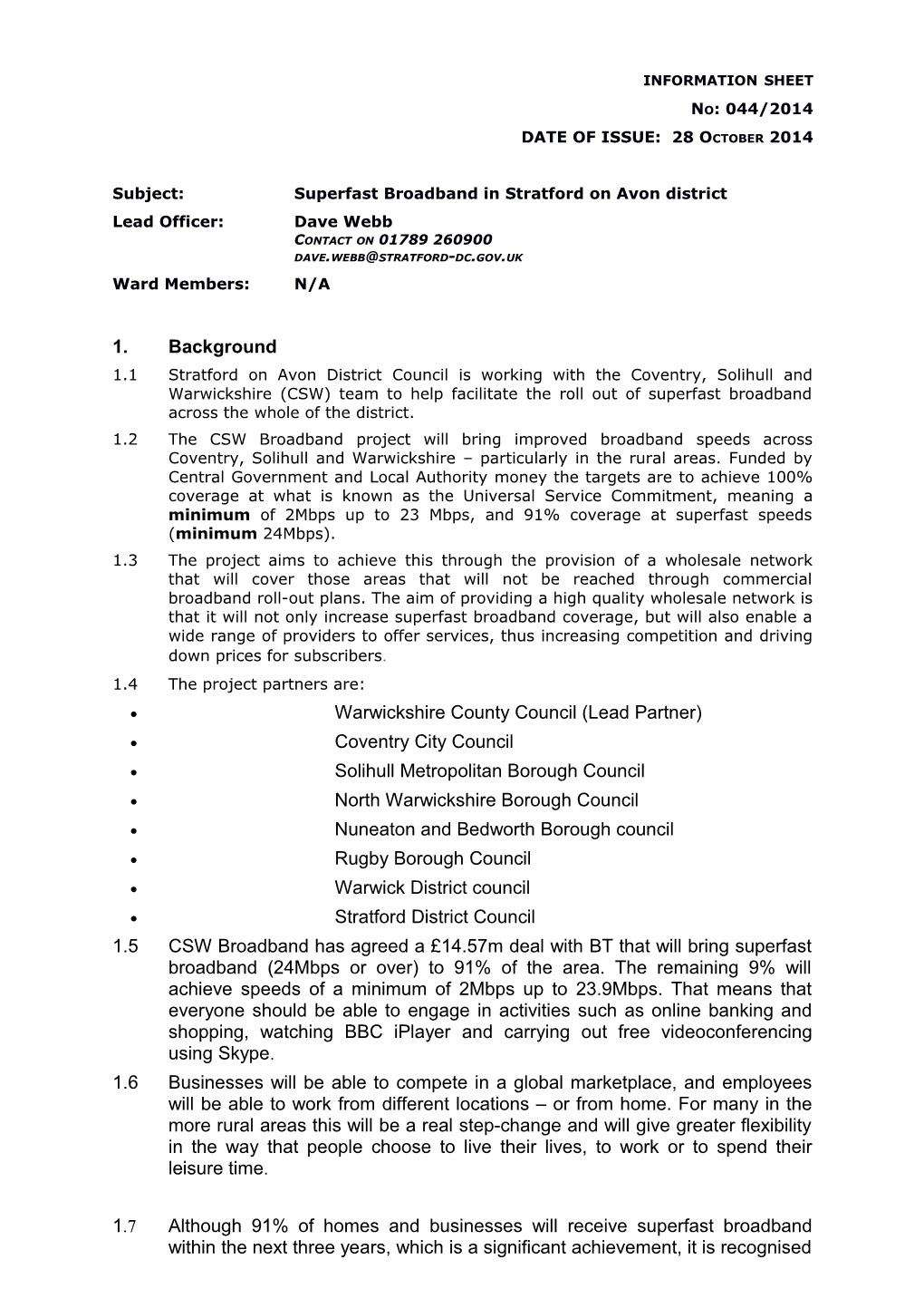 Subject: Superfast Broadband in Stratford on Avon District