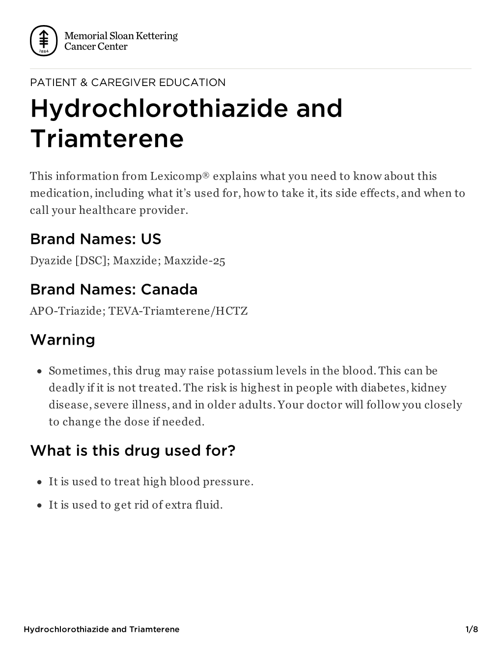 Hydrochlorothiazide and Triamterene | Memorial Sloan Kettering Cancer Center