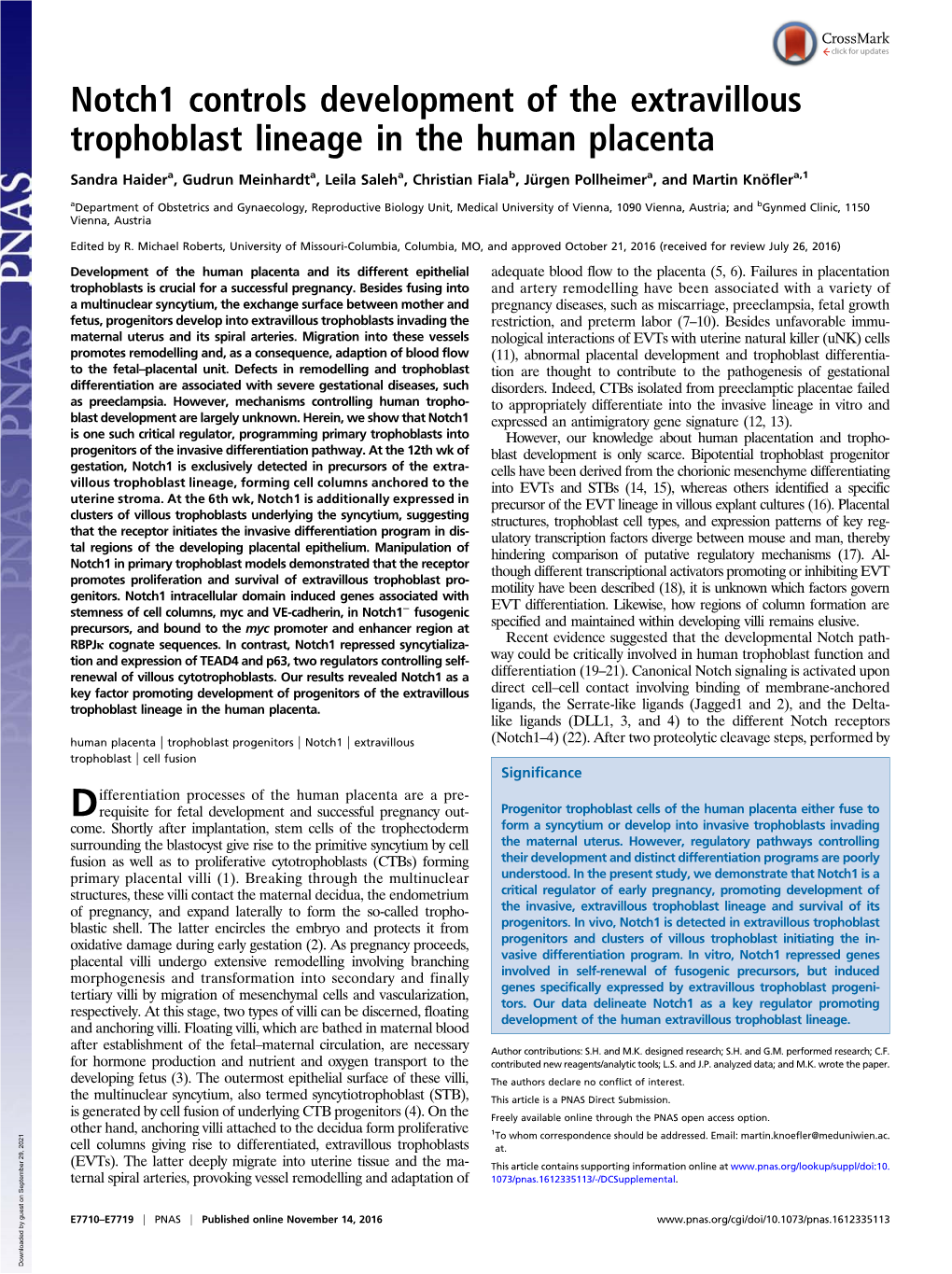 Notch1 Controls Development of the Extravillous Trophoblast Lineage in the Human Placenta