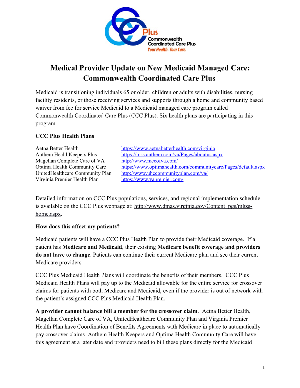 Medical Provider Update on New Medicaid Managed Care: Commonwealth Coordinated Care Plus