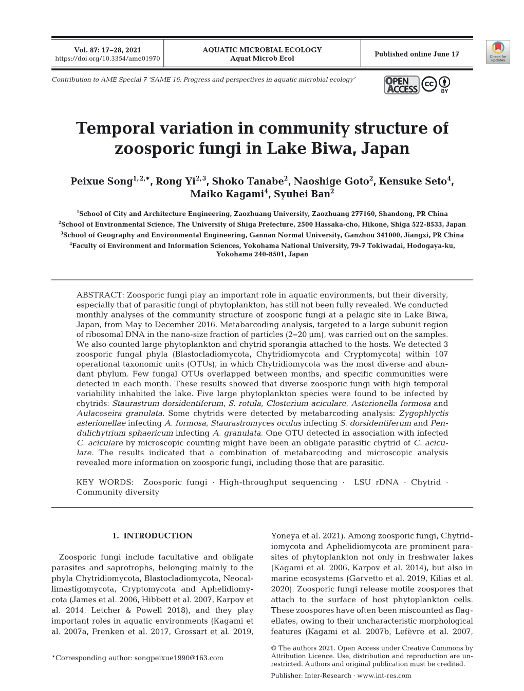 Temporal Variation in Community Structure of Zoosporic Fungi in Lake Biwa, Japan