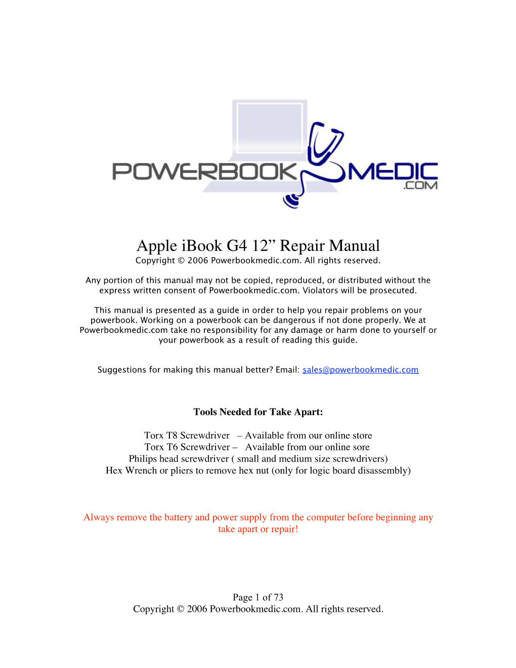 Apple Ibook G4 12” Repair Manual Copyright © 2006 Powerbookmedic.Com