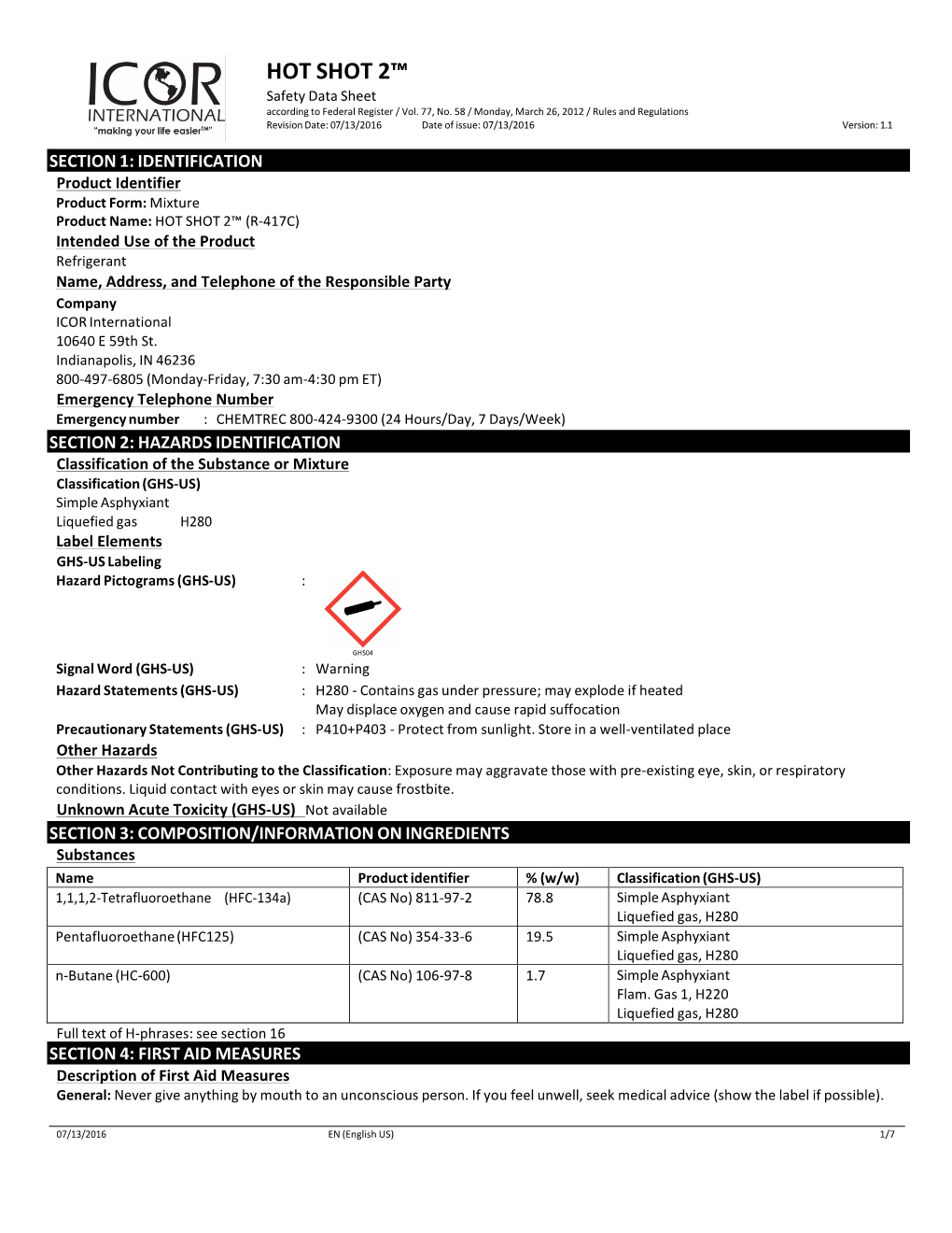 HOT SHOT 2™ Safety Data Sheet According to Federal Register / Vol