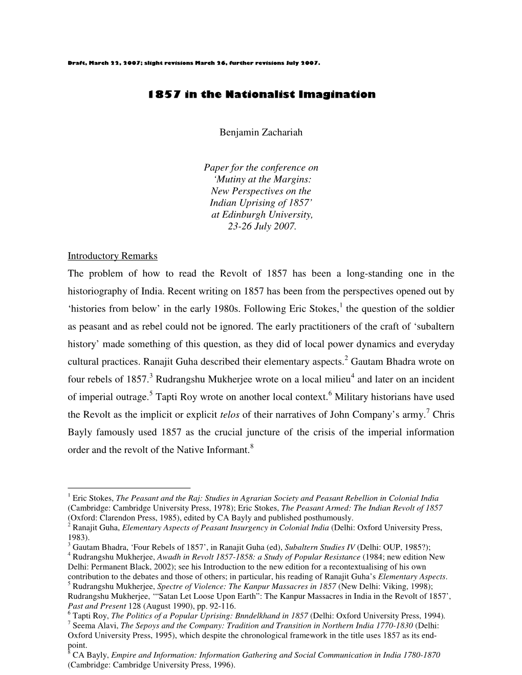 1857 in the Nationalist Imagination Benjamin Zachariah Paper for the Conference on 'Mutiny at the Margins: New Perspectives