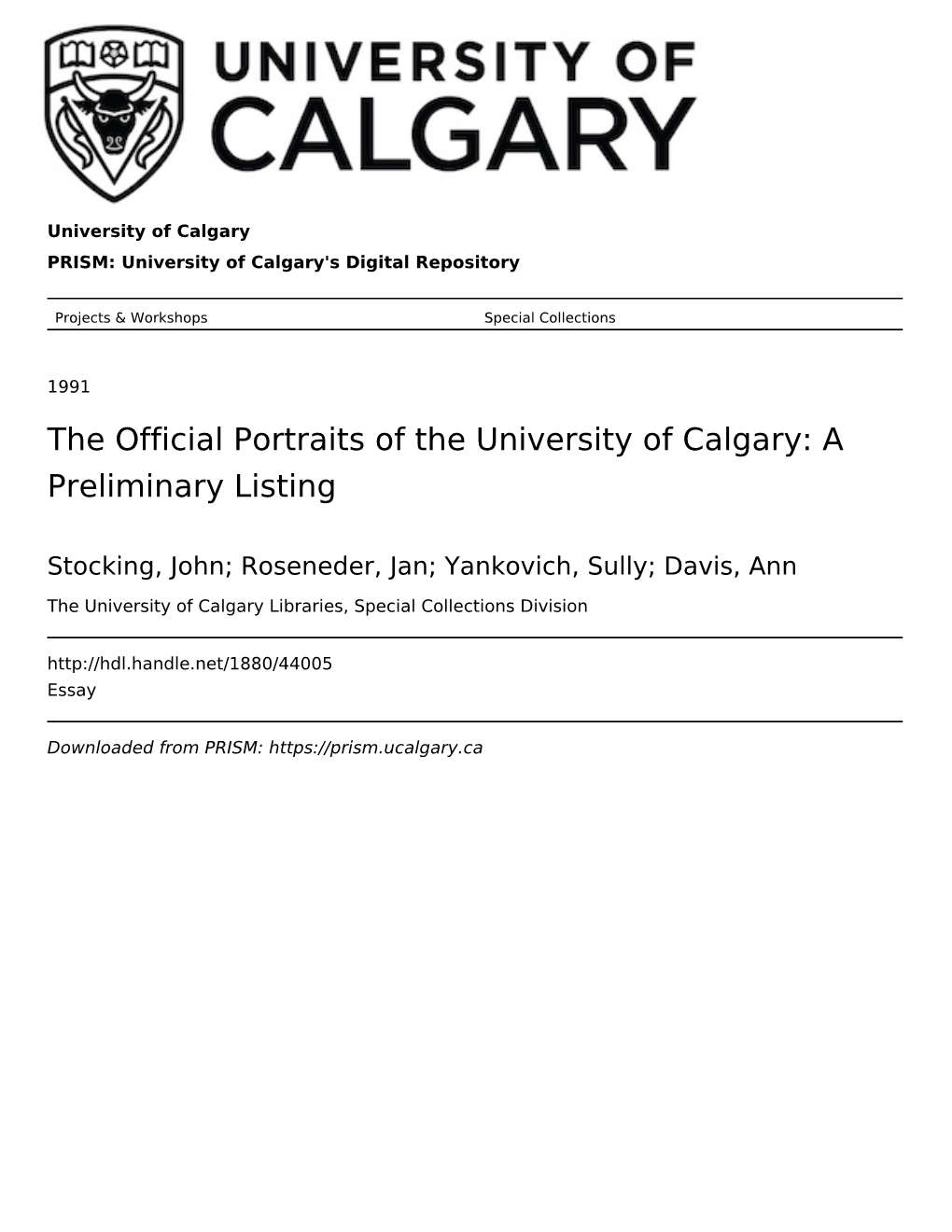 The Official Portraits of the University of Calgary: a Preliminary Listing