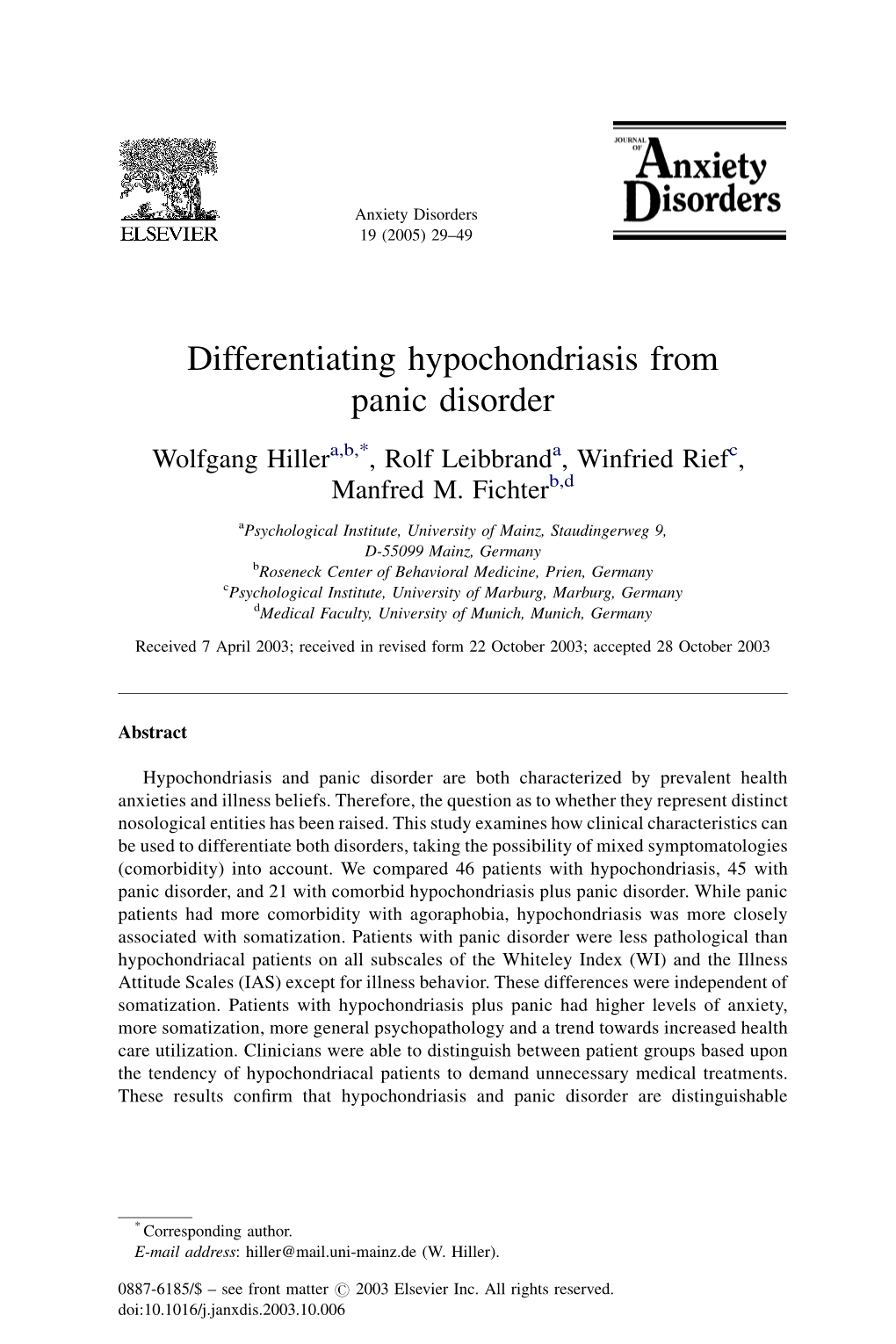 Differentiating Hypochondriasis from Panic Disorder