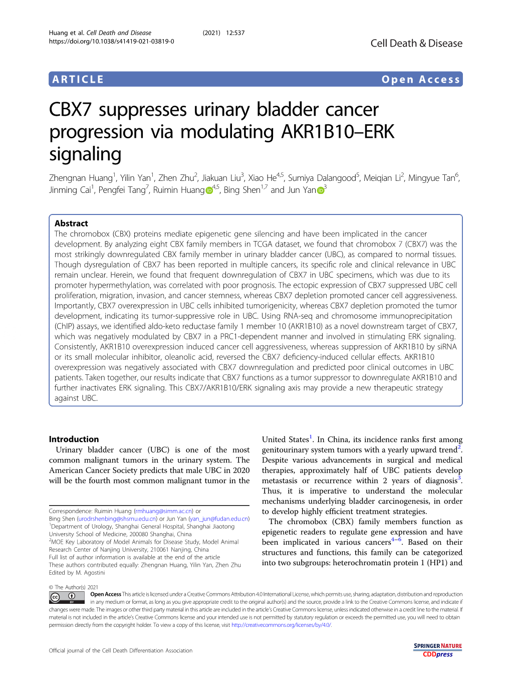 CBX7 Suppresses Urinary Bladder Cancer Progression Via Modulating