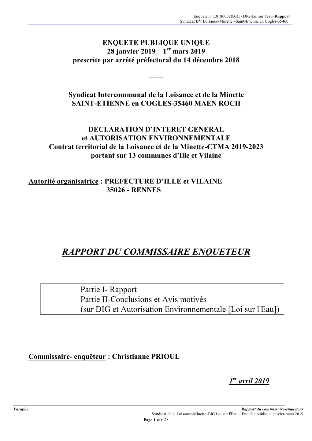 Rapport Syndicat BV Loisance-Minette –Saint-Etienne En Coglès-35460