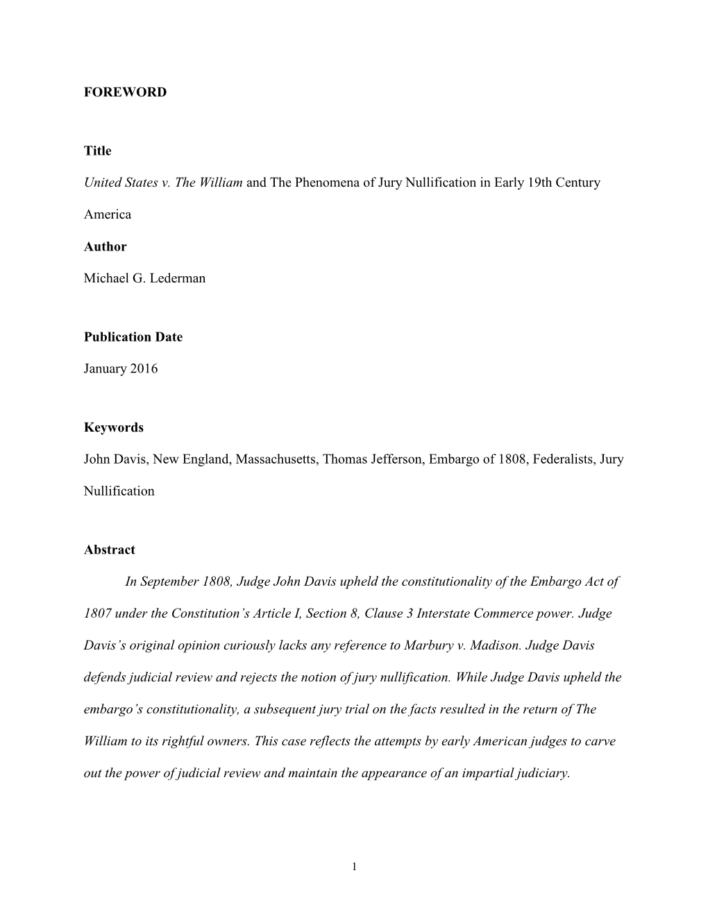 United States V. the William and the Phenomena of Jury Nullification in Early 19Th Century