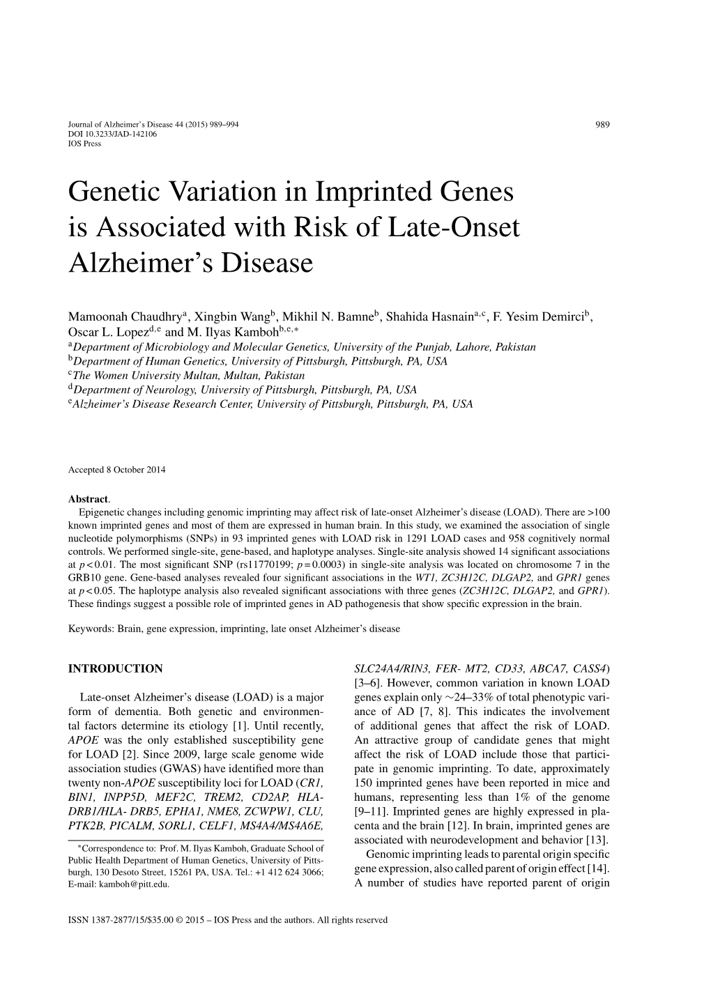 Genetic Variation in Imprinted Genes Is Associated with Risk of Late-Onset Alzheimer’S Disease
