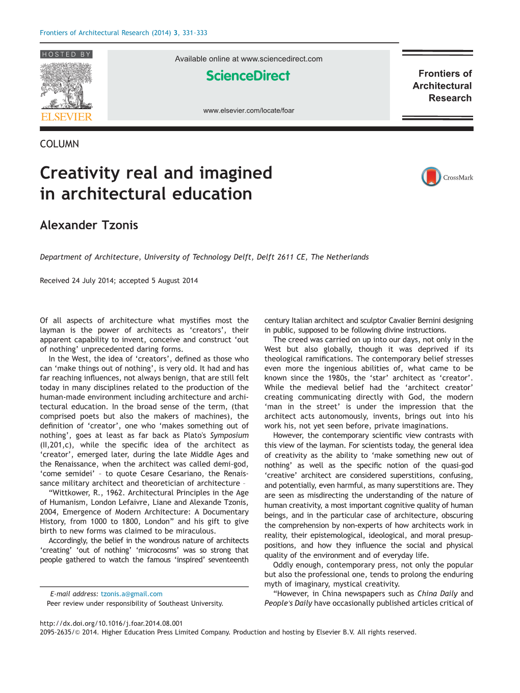 Creativity Real and Imagined in Architectural Education