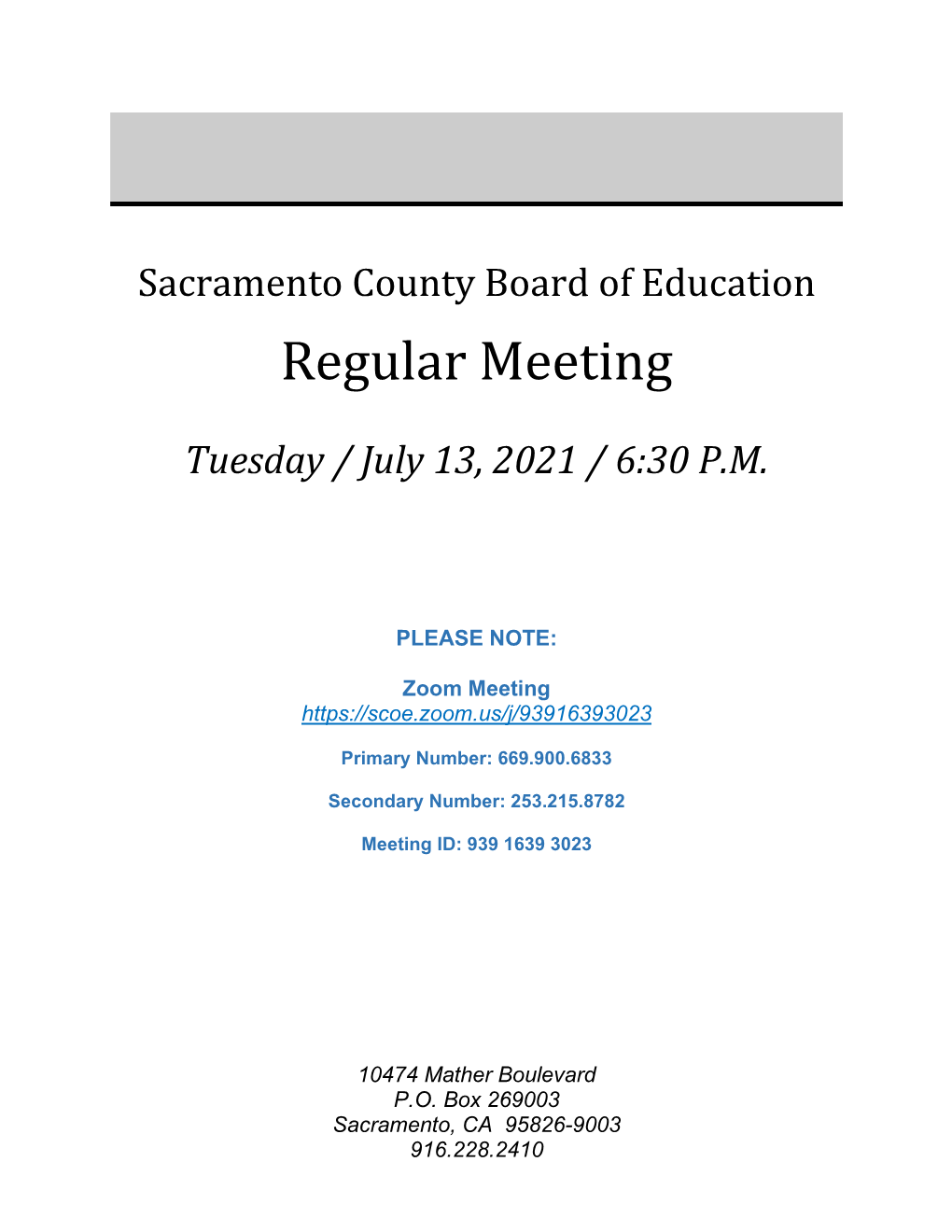 7/13/21 Board Meeting Agenda