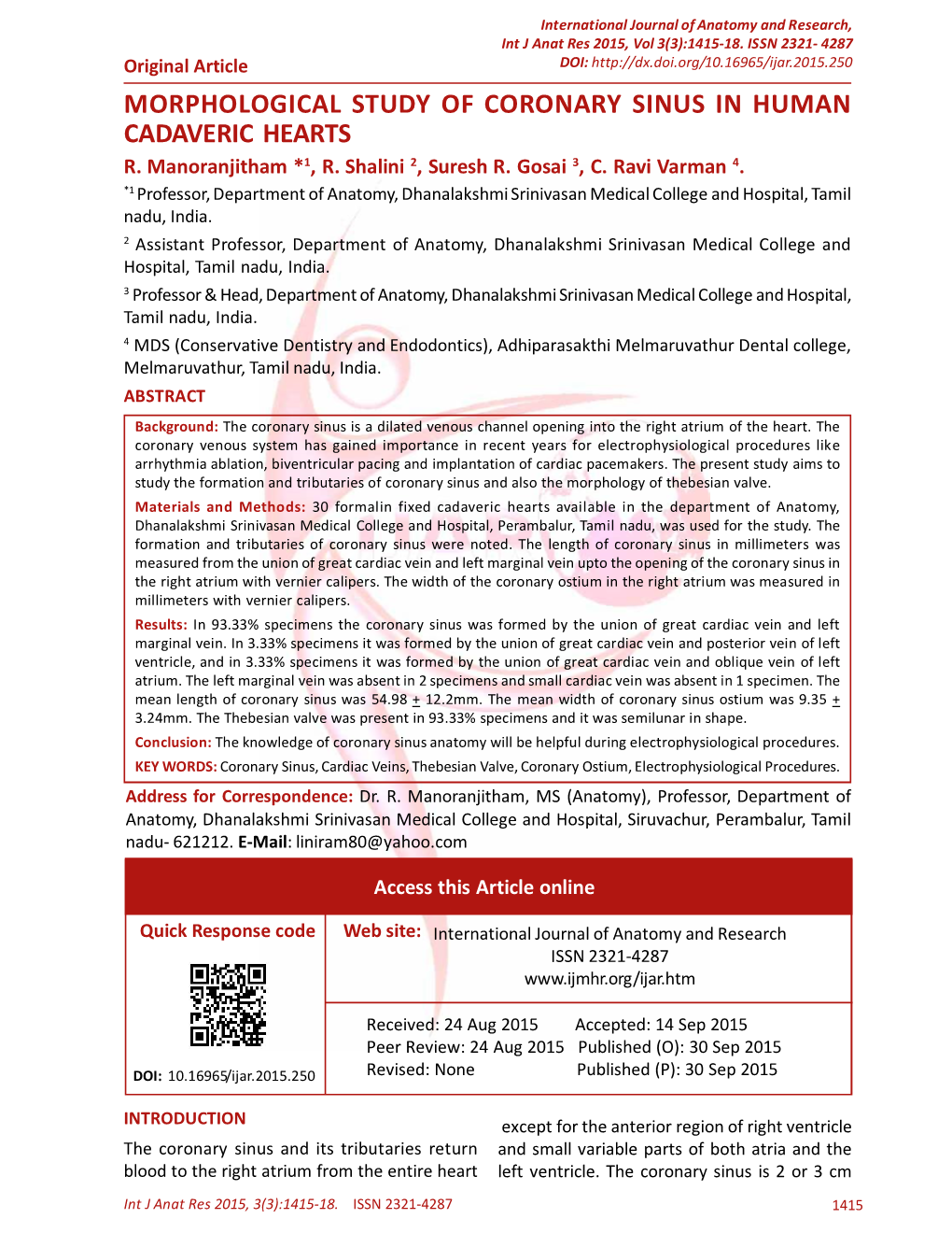 Morphological Study of Coronary Sinus in Human Cadaveric Hearts R