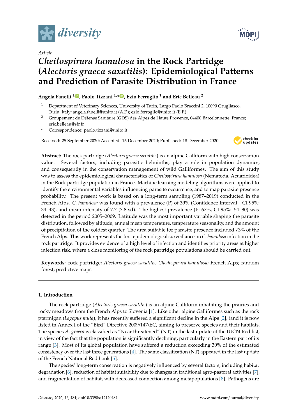 Cheilospirura Hamulosa in the Rock Partridge (Alectoris Graeca Saxatilis): Epidemiological Patterns and Prediction of Parasite Distribution in France