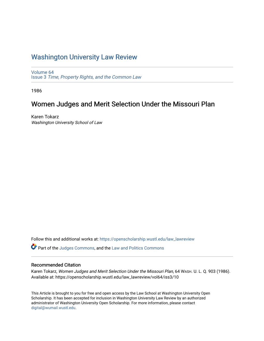 Women Judges and Merit Selection Under the Missouri Plan