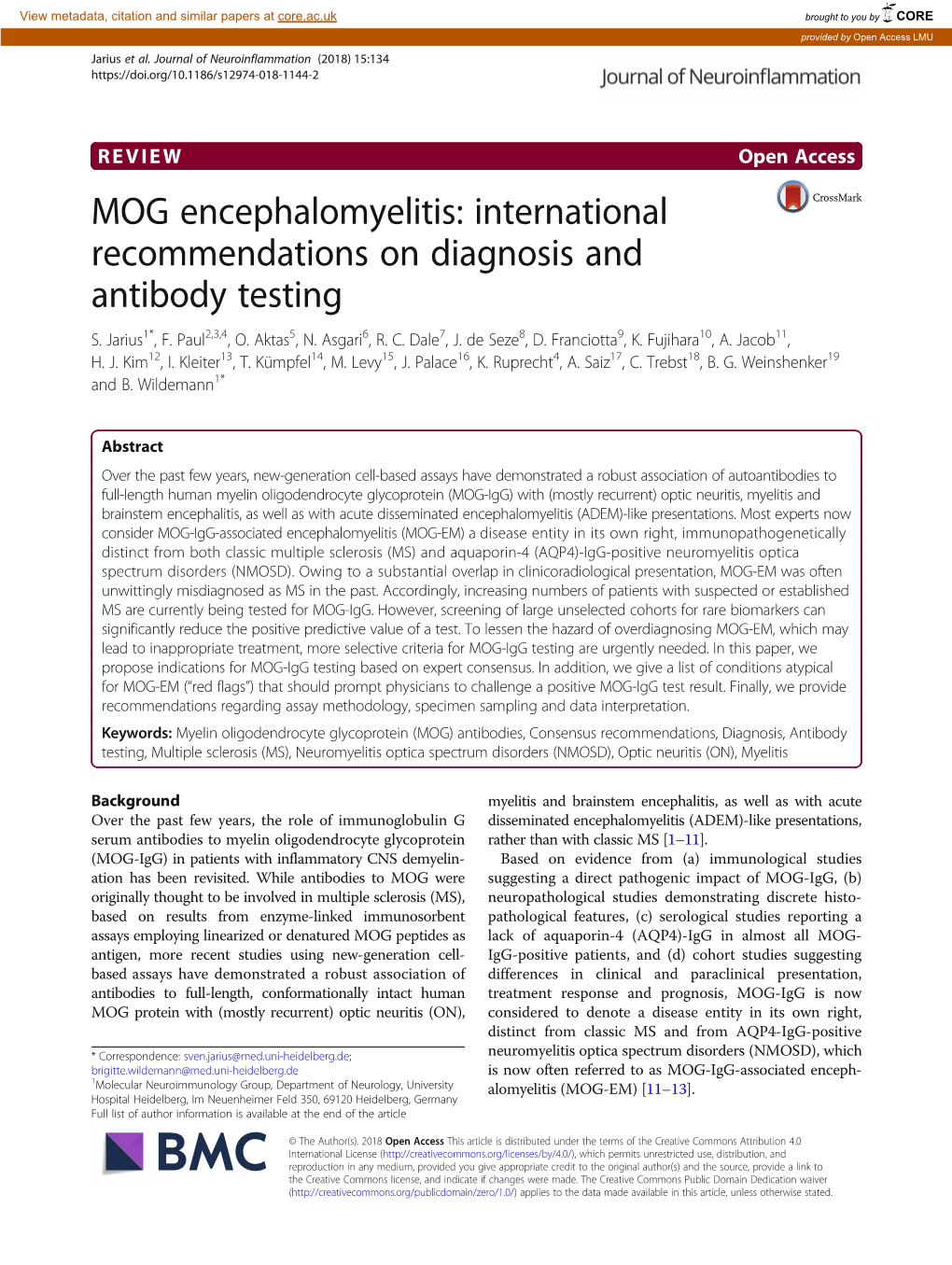 MOG Encephalomyelitis: International Recommendations on Diagnosis and Antibody Testing S