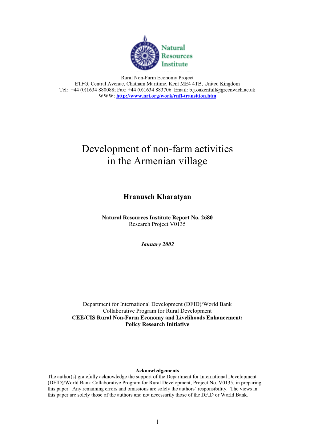 Developments of Non-Farm Activities in the Armenian Village