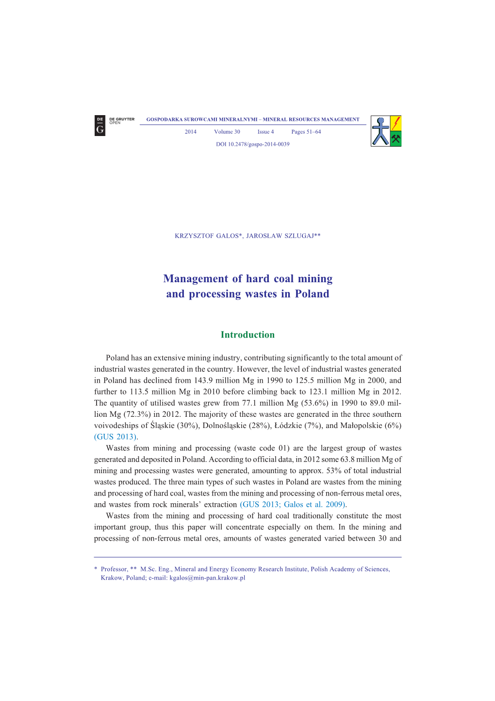 Management of Hard Coal Mining and Processing Wastes in Poland