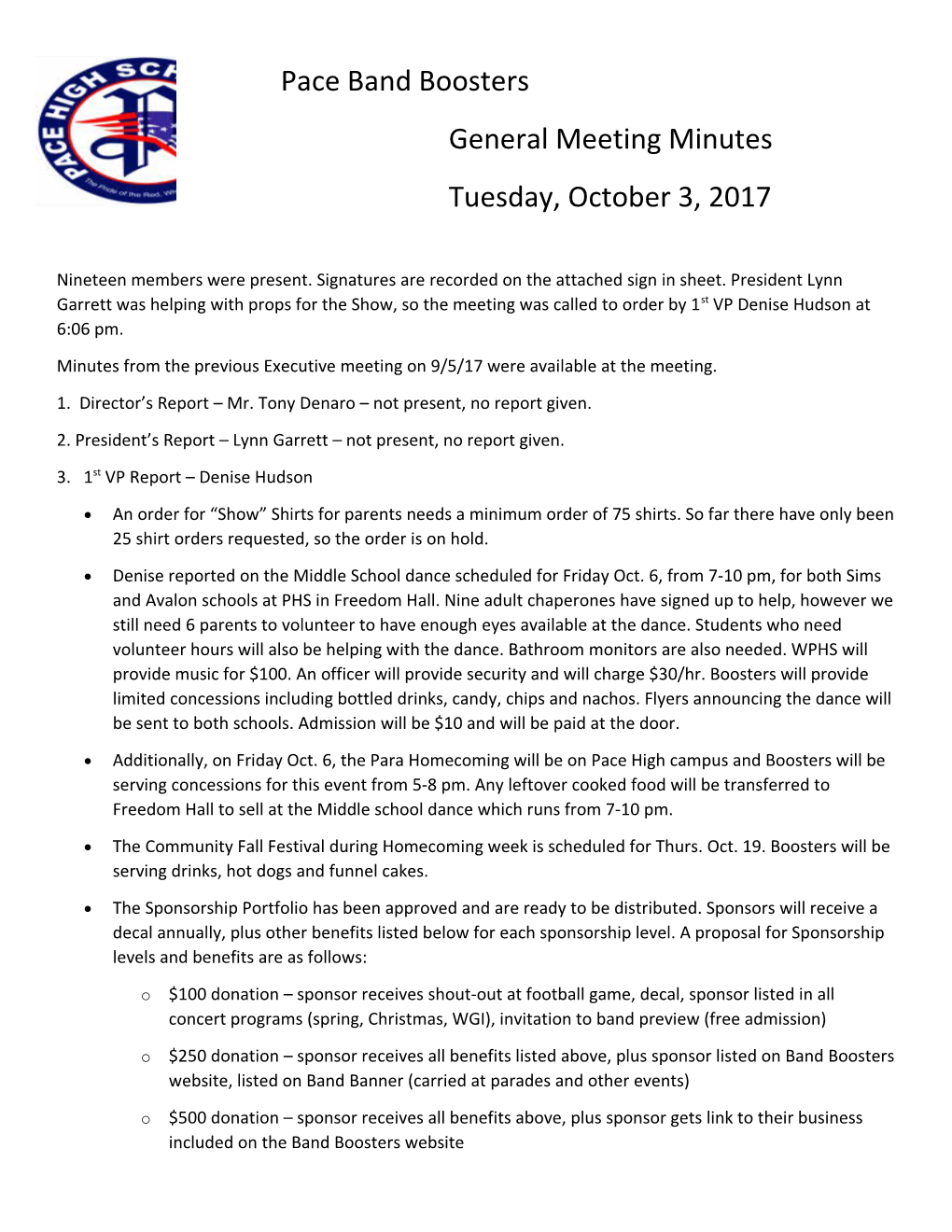 Minutes from the Previous Executive Meeting on 9/5/17 Were Available at the Meeting