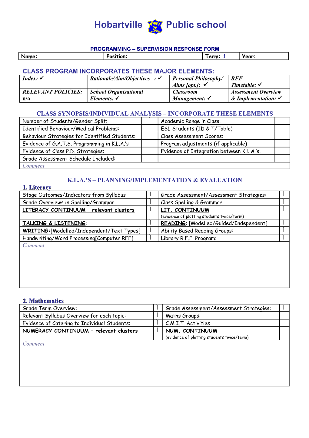 Programming Supervision Response Form