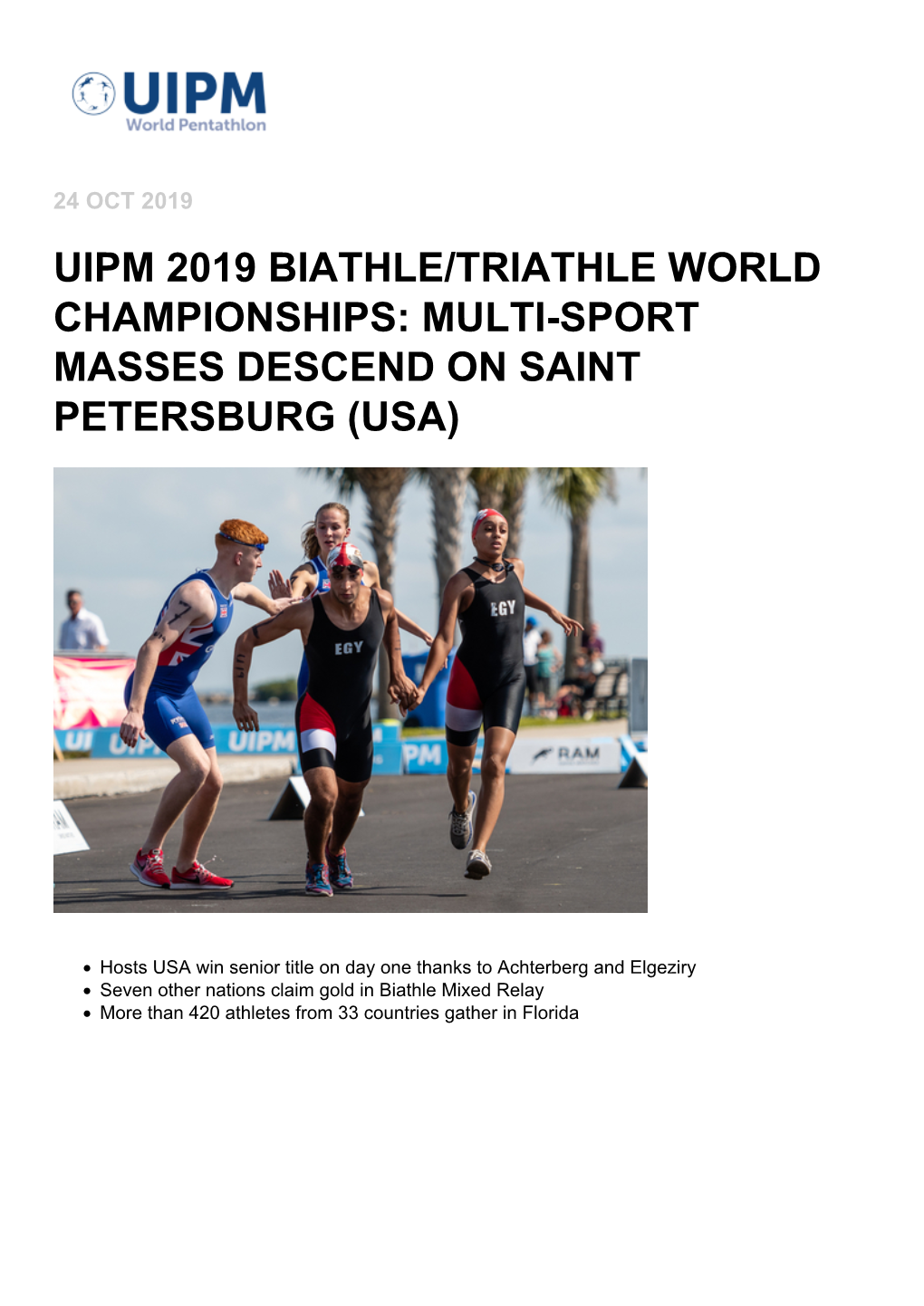 Uipm 2019 Biathle/Triathle World Championships: Multi-Sport Masses Descend on Saint Petersburg (Usa)