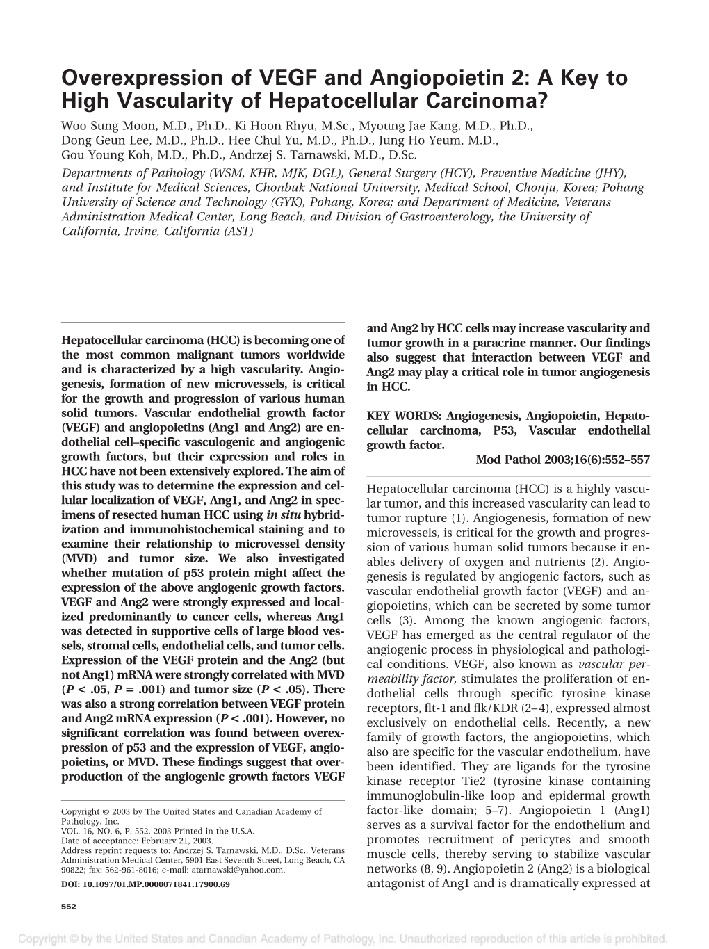 Overexpression of VEGF and Angiopoietin 2