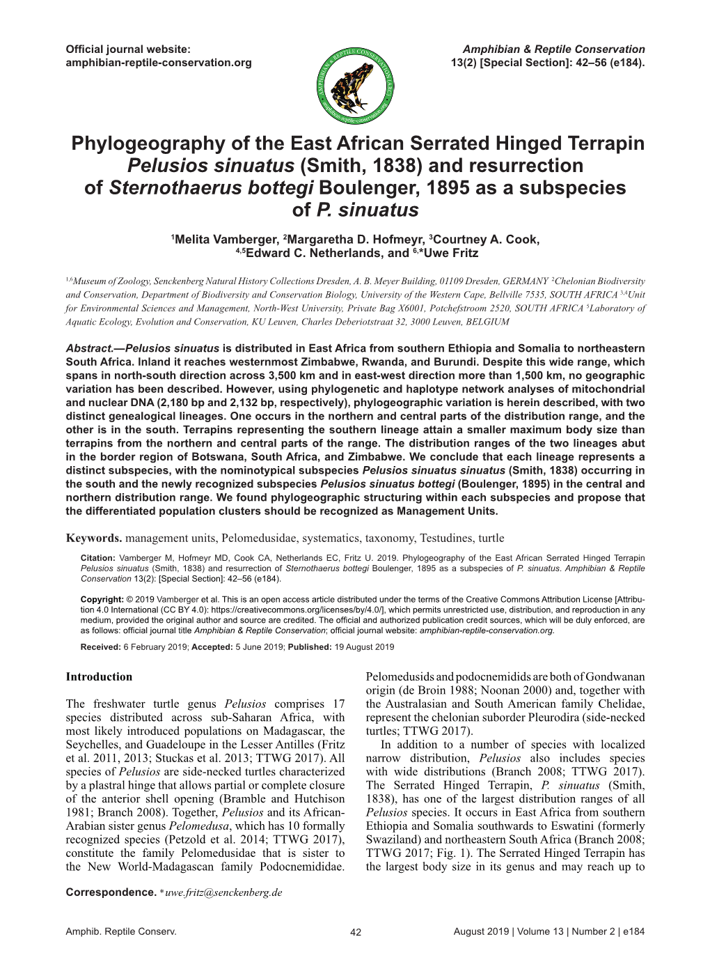 Phylogeography of the East African Serrated Hinged Terrapin Pelusios Sinuatus (Smith, 1838) and Resurrection of Sternothaerus Bo