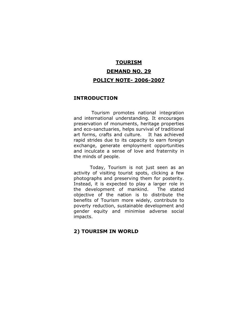 Tourism Demand No. 29 Policy Note- 2006-2007