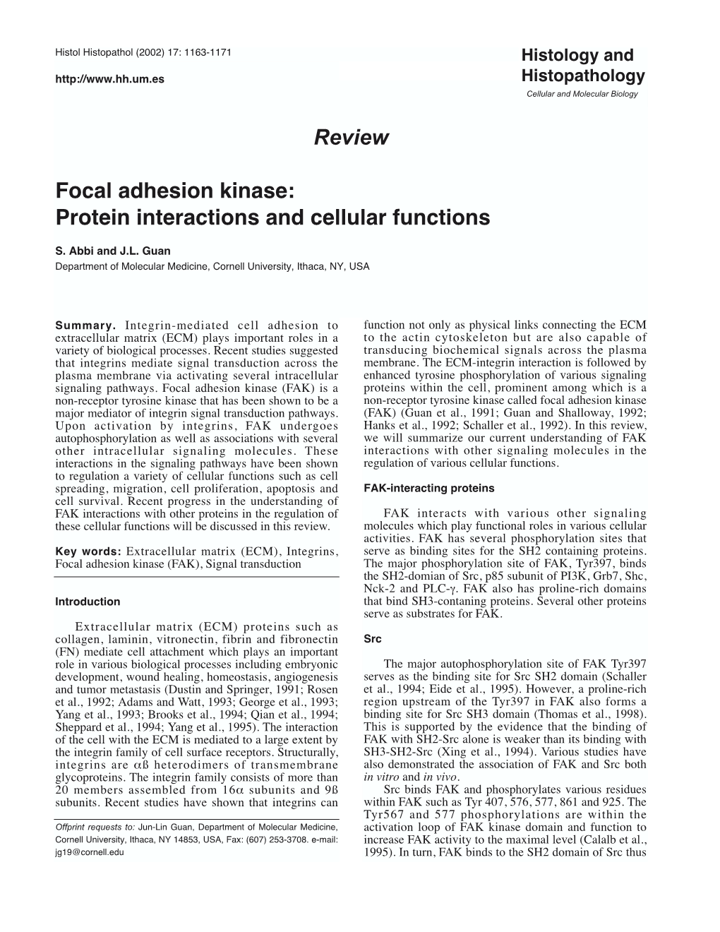 Review Focal Adhesion Kinase: Protein Interactions And