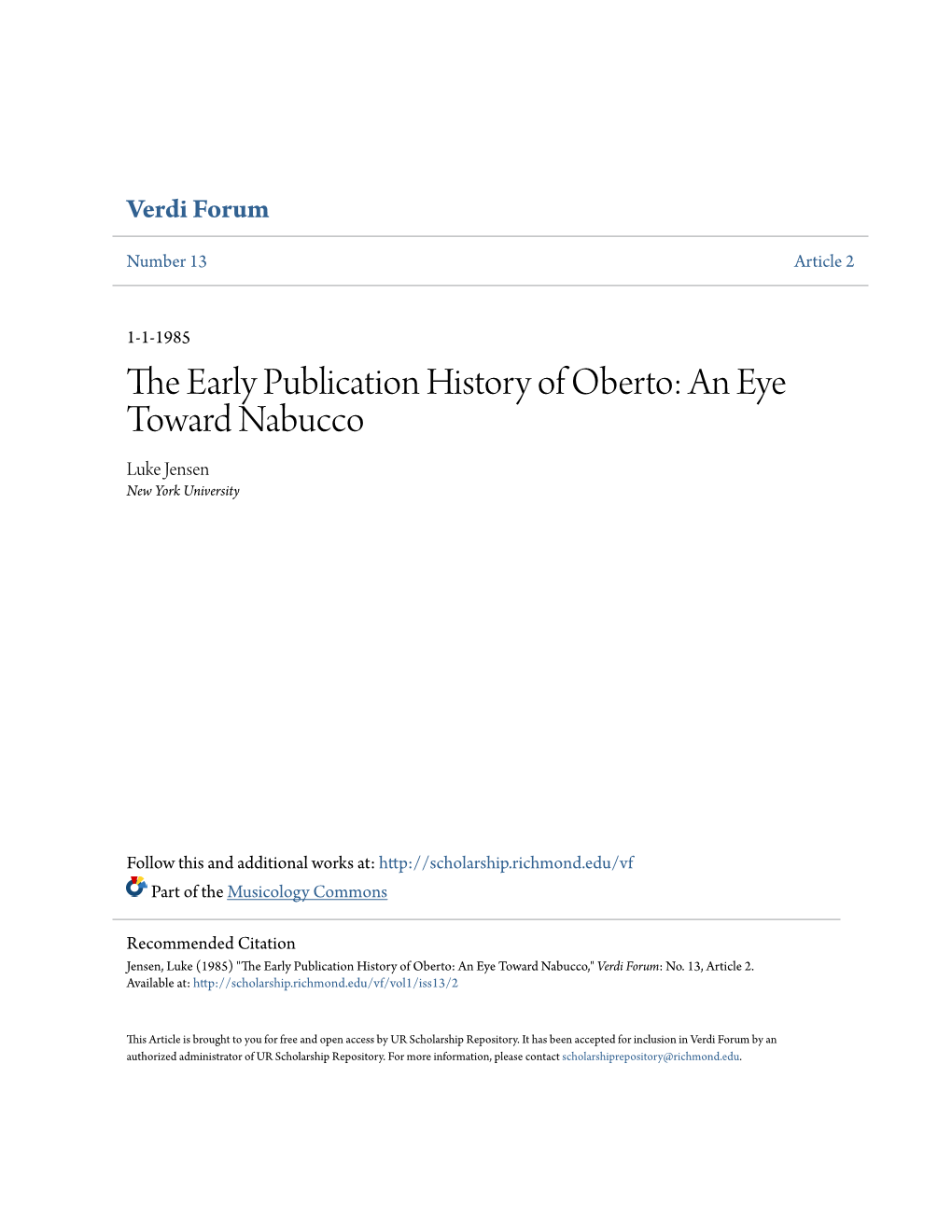 The Early Publication History of Oberto: an Eye Toward Nabucco,