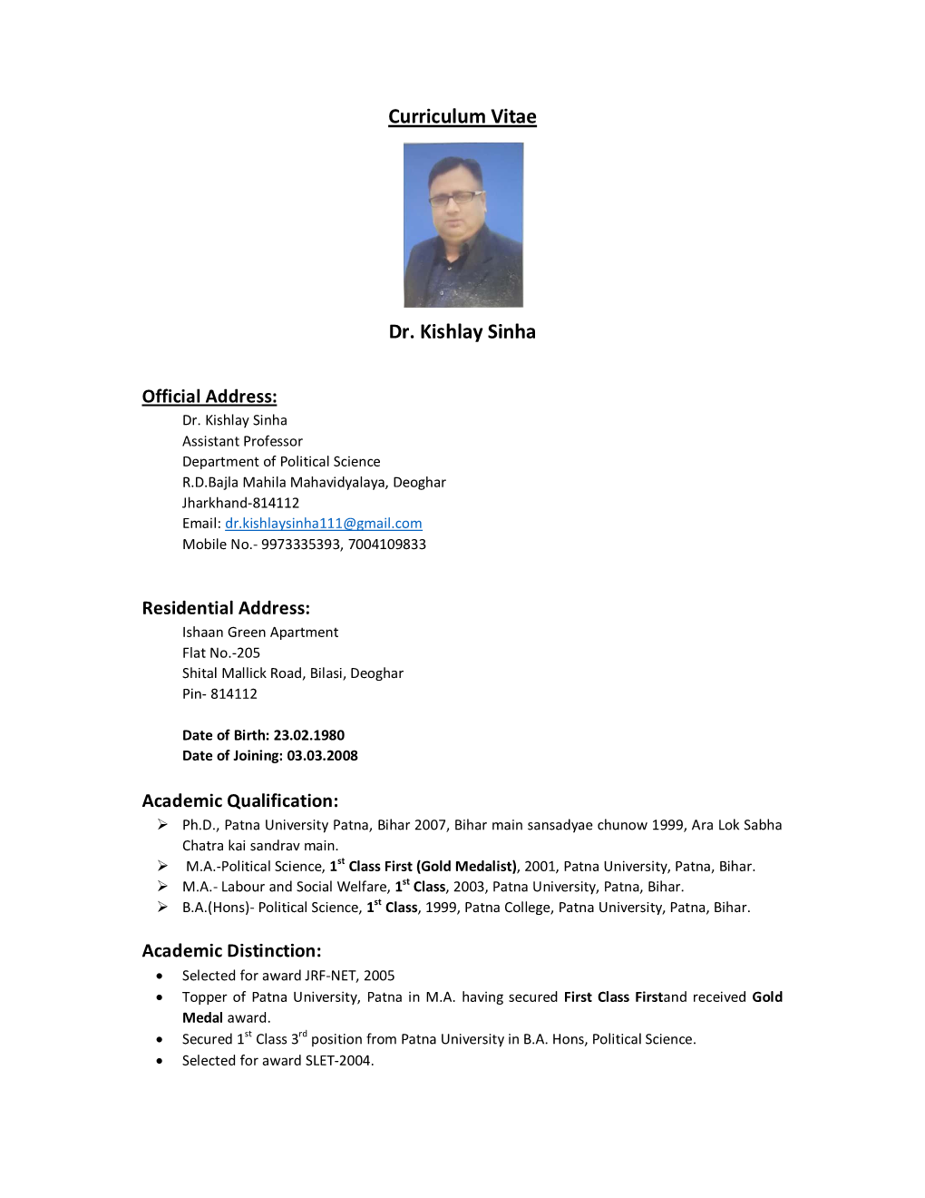 Curriculum Vitae Dr. Kishlay Sinha