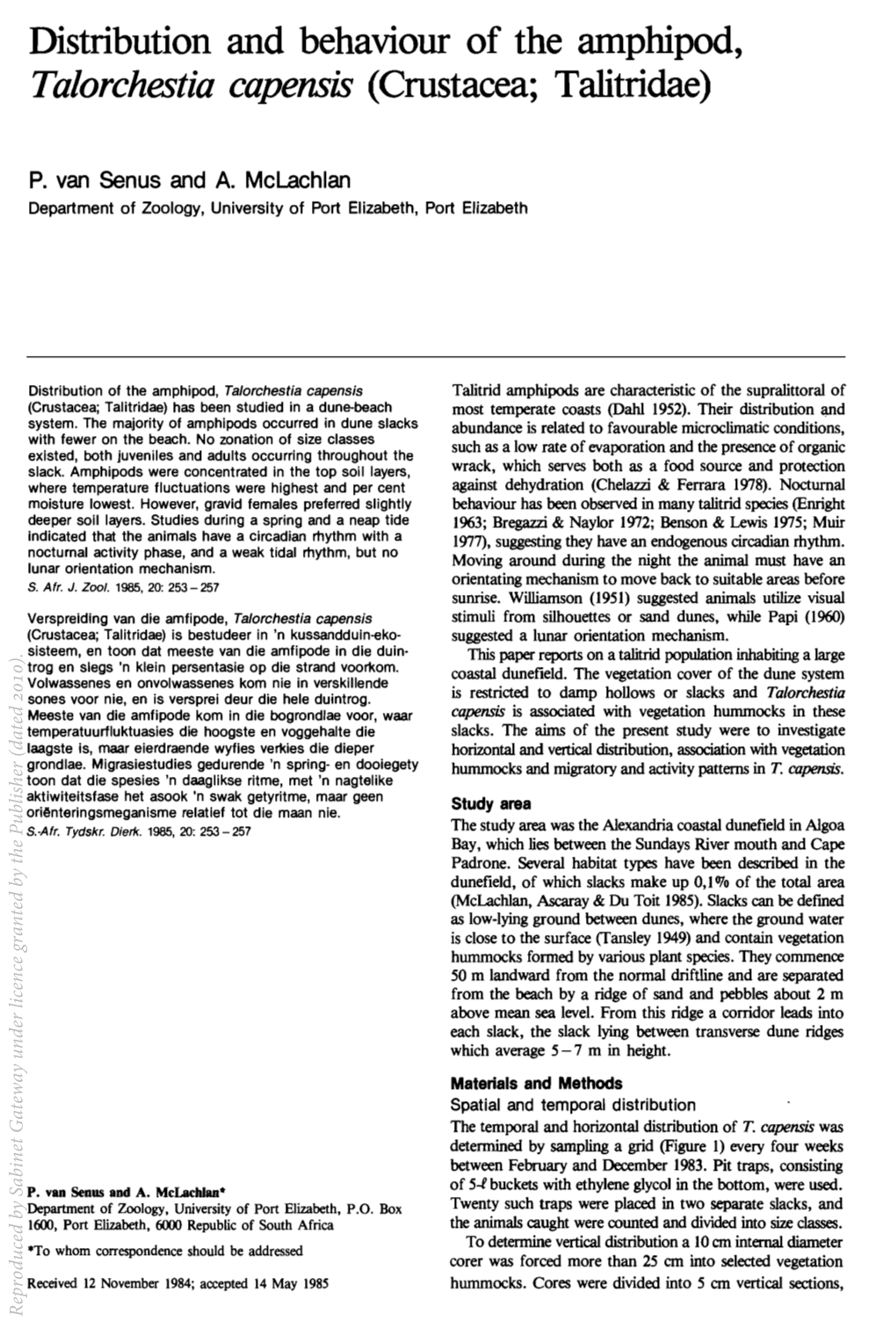 Distribution and Behaviour of the Amphipod, Talorchestia Capensis (Crustacea; Talitridae)