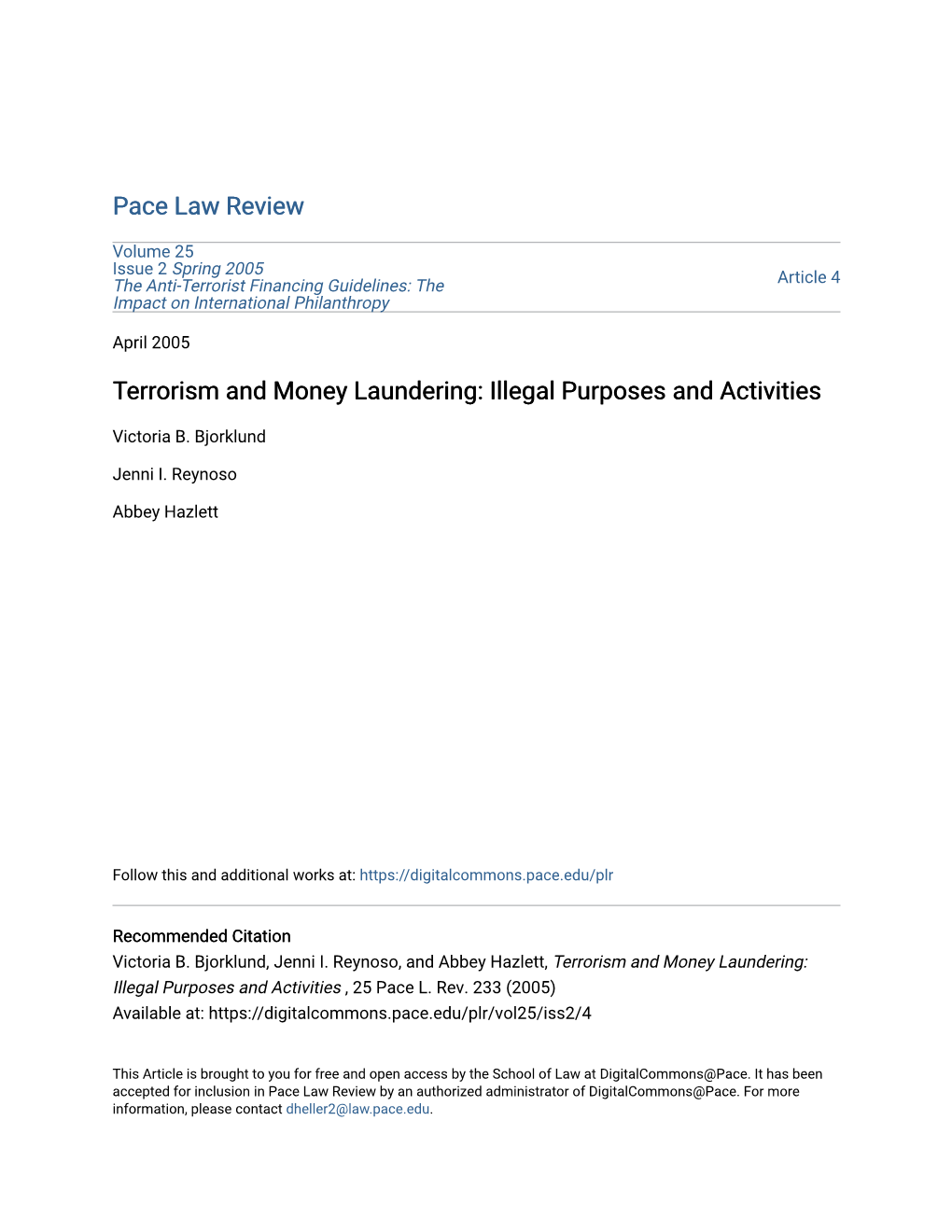 Terrorism and Money Laundering: Illegal Purposes and Activities