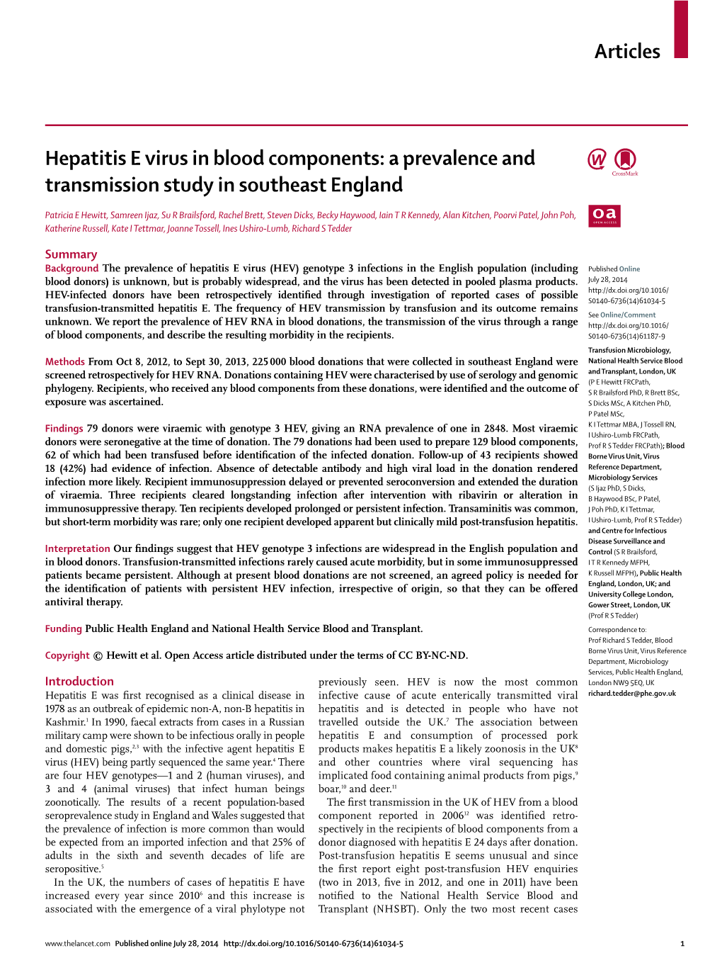 Hepatitis E Virus in Blood Components: a Prevalence and Transmission Study in Southeast England