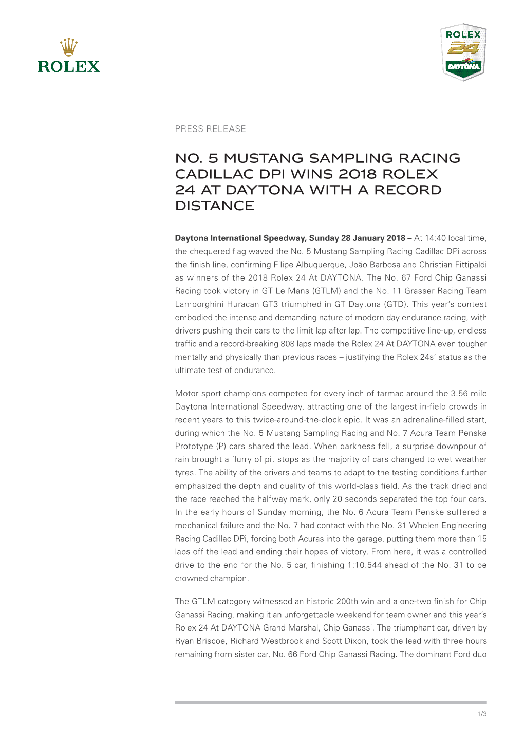 No. 5 Mustang Sampling Racing Cadillac Dpi Wins 2018 Rolex 24 at Daytona with a Record Distance