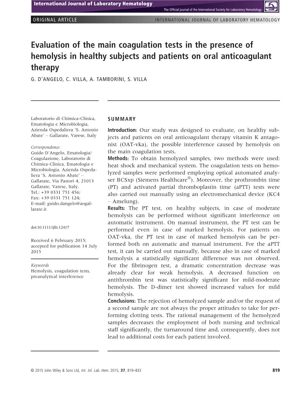 Evaluation of the Main Coagulation Tests in the Presence of Hemolysis