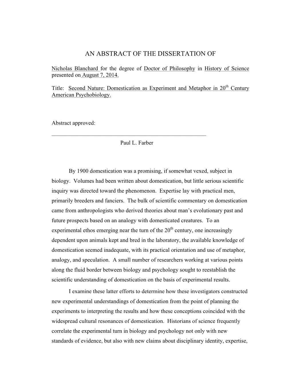 Second Nature: Domestication As Experiment and Metaphor in 20Th Century American Psychobiology