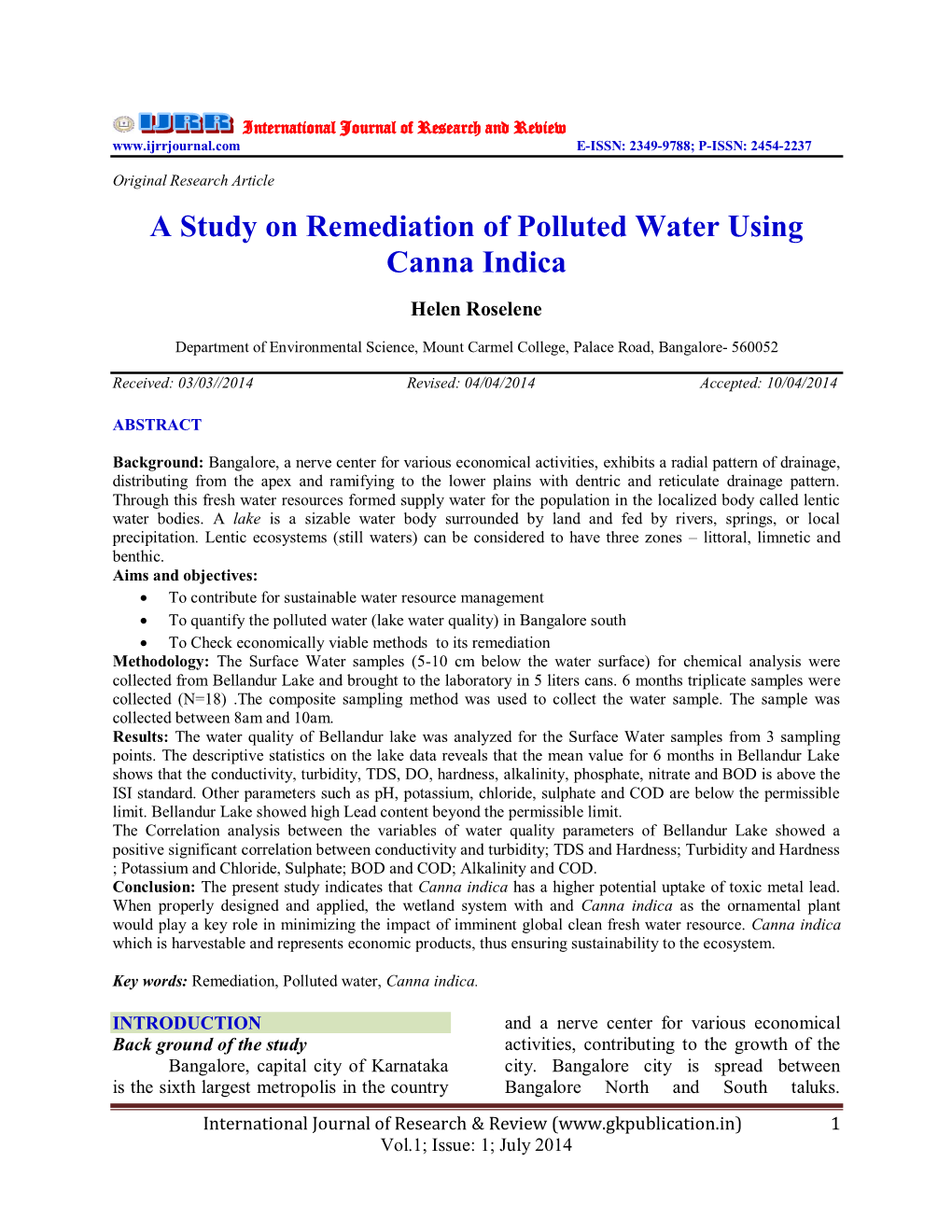 A Study on Remediation of Polluted Water Using Canna Indica