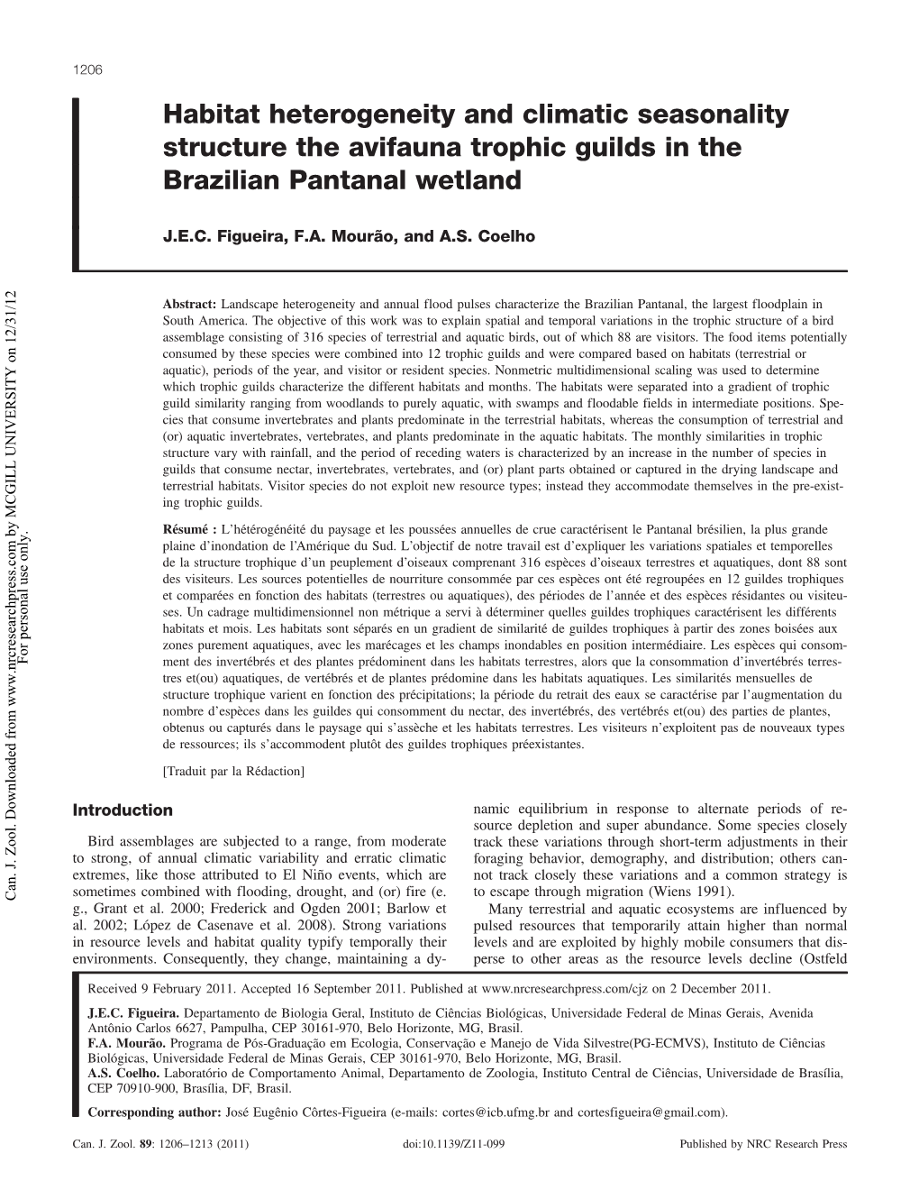 Habitat Heterogeneity and Climatic Seasonality Structure the Avifauna Trophic Guilds in the Brazilian Pantanal Wetland