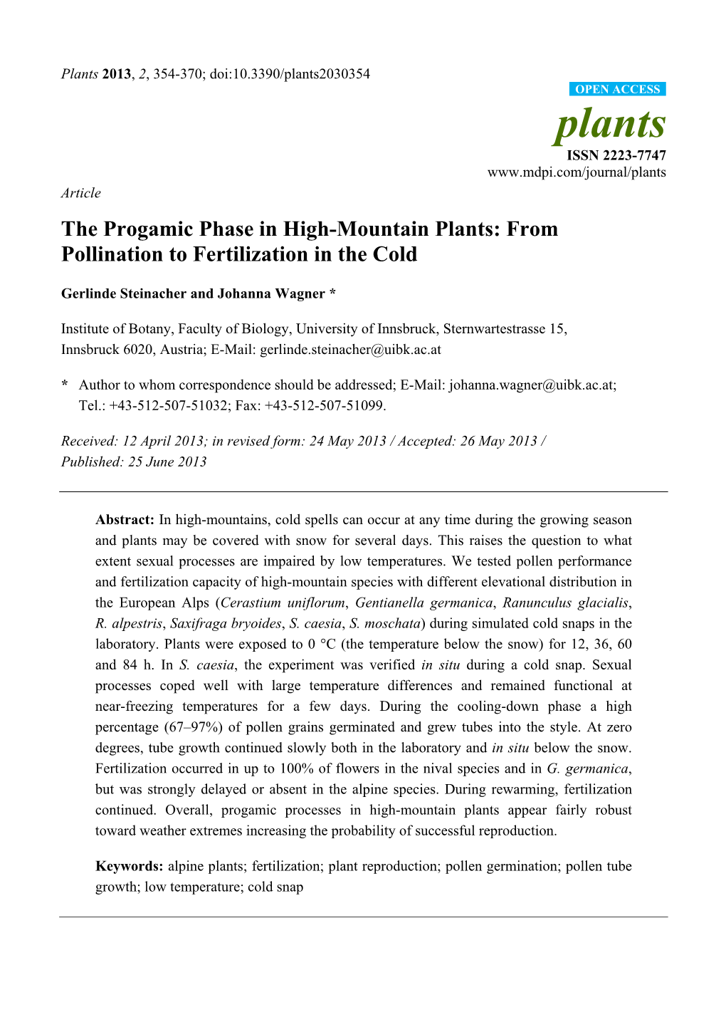 The Progamic Phase in High-Mountain Plants: from Pollination to Fertilization in the Cold