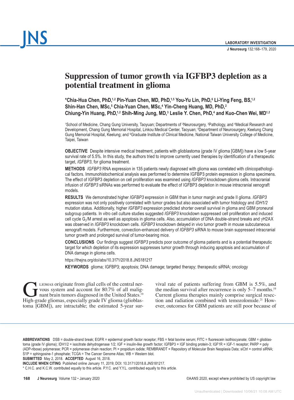 Suppression of Tumor Growth Via IGFBP3 Depletion As a Potential Treatment in Glioma