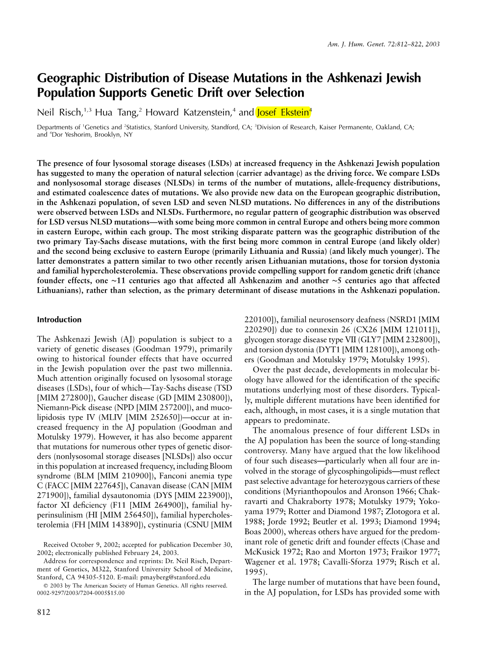 Geographic Distribution of Disease Mutations in the Ashkenazi Jewish