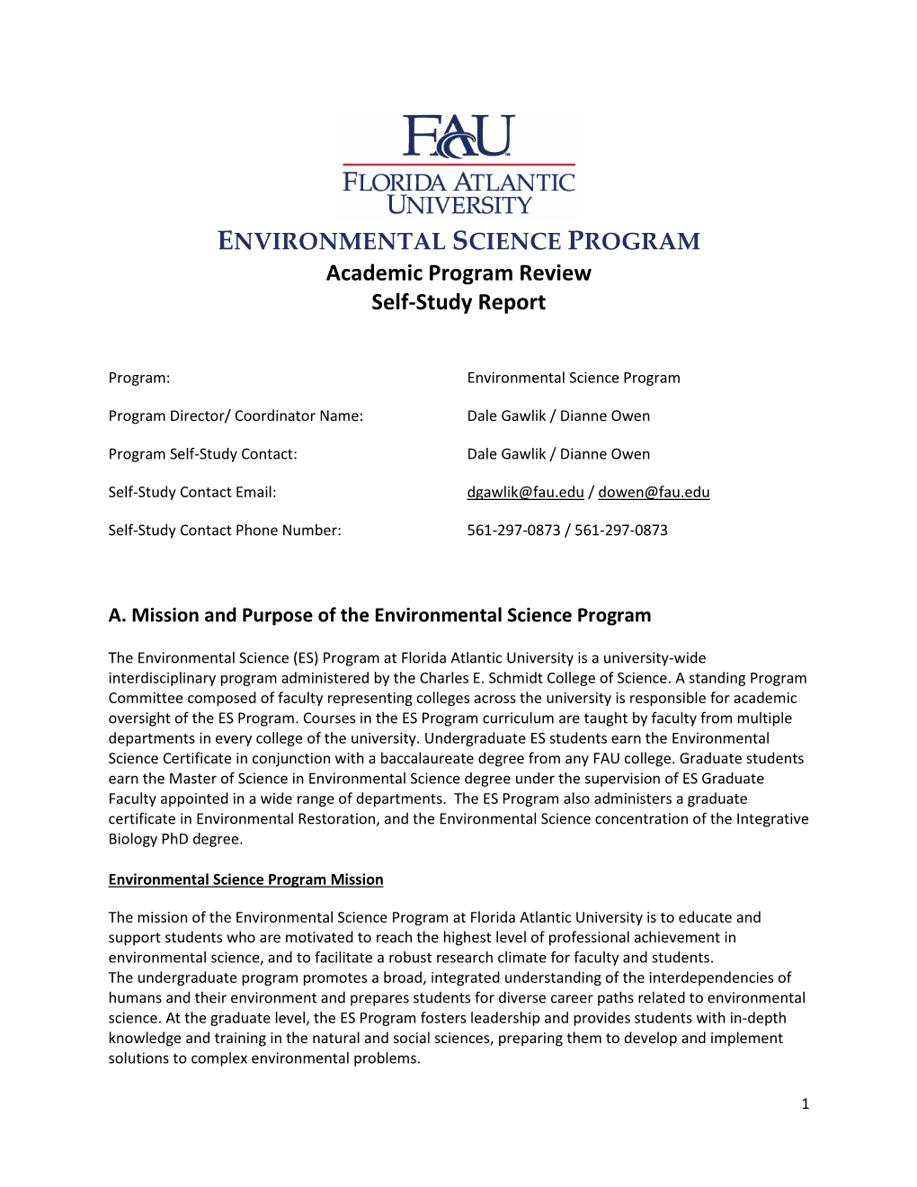 ENVIRONMENTAL SCIENCE PROGRAM Academic Program Review Self-Study Report