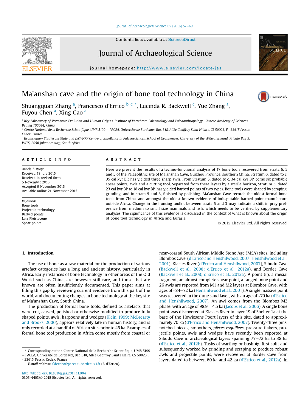 Ma'anshan Cave and the Origin of Bone Tool Technology in China