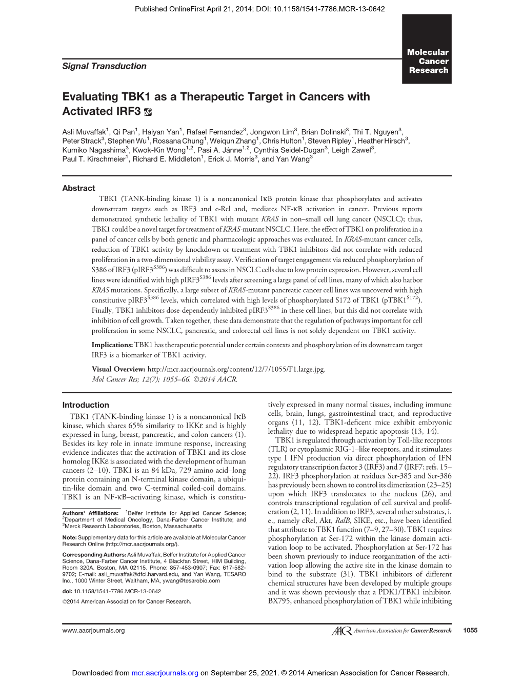 Evaluating TBK1 As a Therapeutic Target in Cancers with Activated IRF3