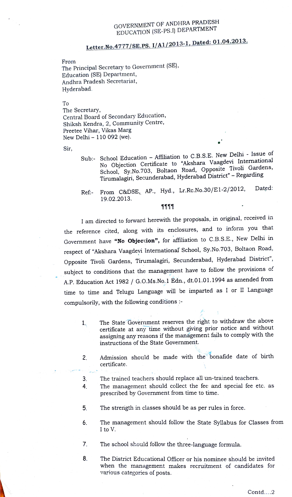 The Principal Secretary to Government (SE), Education (SE) Department, Andhra Pradesh Secretariat, Hyderabad